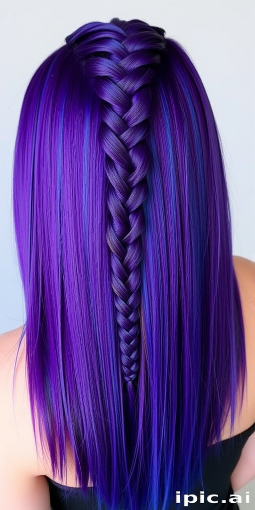 Deep purple hair with electric blue streaks forms the dramatic "Cosmic Fusion" look. The long, straight locks are styled with a glass-like finish, creating a sleek, futuristic appearance. A section of hair is braided tightly against the scalp in an intricate geometric pattern, adding texture and interest to this bold, otherworldly style.