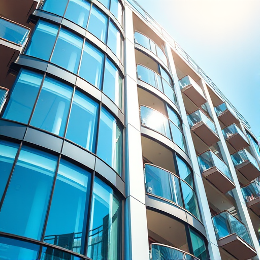 high-resolution image of a modern building facade with curved glass windows and balconies, taken from a low angle, using a DSLR camera with a 50mm lens, aperture f/8, shutter speed 1/200s, ISO 100, with natural sunlight highlighting the reflections and structural details