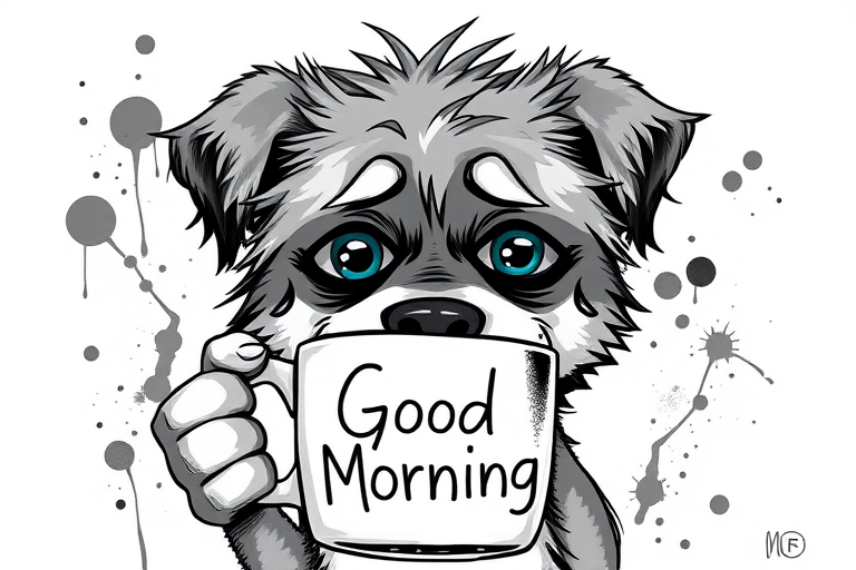 A quirky, artistic illustration of a disheveled akita pit dog breed with exaggerated, large eyes and spiky fur, holding a coffee mug that reads "Good Morning". The dog has a tired but humorous expression, with ink splatters and abstract details surrounding it, giving a whimsical feel to the image. The color palette is mostly monochrome with hints of blue in the eyes and steam rising from the mug, enhancing the overall sleepy vibe