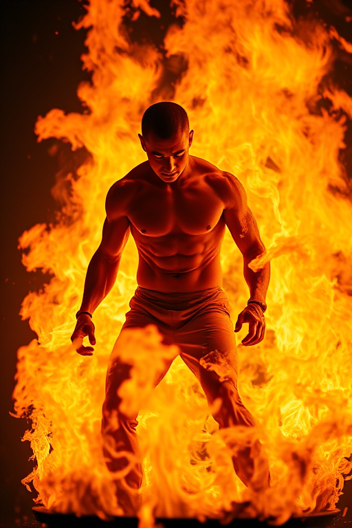 Create an image of a figure surrounded by intense flames, emphasizing a dynamic pose with a focus on intricate details of the figure's surface texture, shot with a DSLR camera at f/2.8 aperture, ISO 100, 50mm lens, with a high dynamic range and a dramatic low-angle view to enhance the visual impact of the fire and figure.