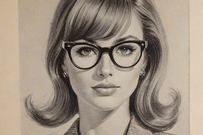 Ravishing Jacklyn Zeman, pencil sketch, portrait of Captivating woman 1960s in glasses, hair style beatnik, outline, clear lines, fine lines, 8k