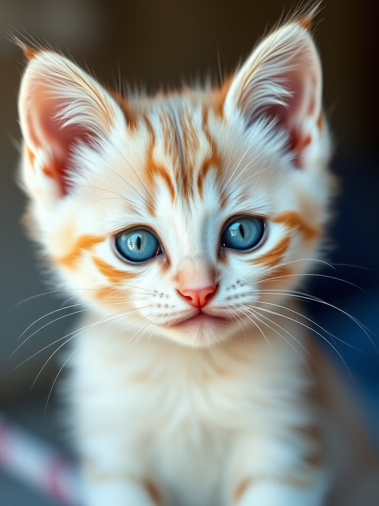 Generate a high-resolution portrait of a light-colored kitten with blue eyes, using a soft focus to enhance the subject, shot with a Canon EOS 5D Mark IV at f/2.8, ISO 100, in natural light, with a shallow depth of field for a blurred background.