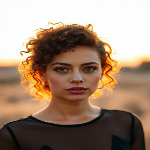 portrait of a woman with curly hair in a sheer black top, soft focus background, golden hour lighting, DSLR camera, aperture f/1.8, shutter speed 1/200s, ISO 200, 50mm lens