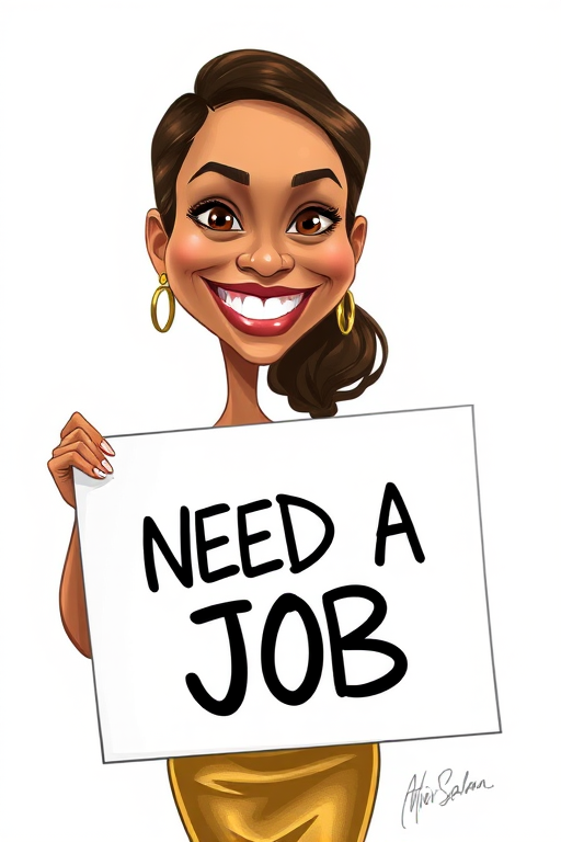 caricature of a smiling Zoe Saldana in a Gold dress or suit, holding up a sign that says "NEED A JOB", no watermark,