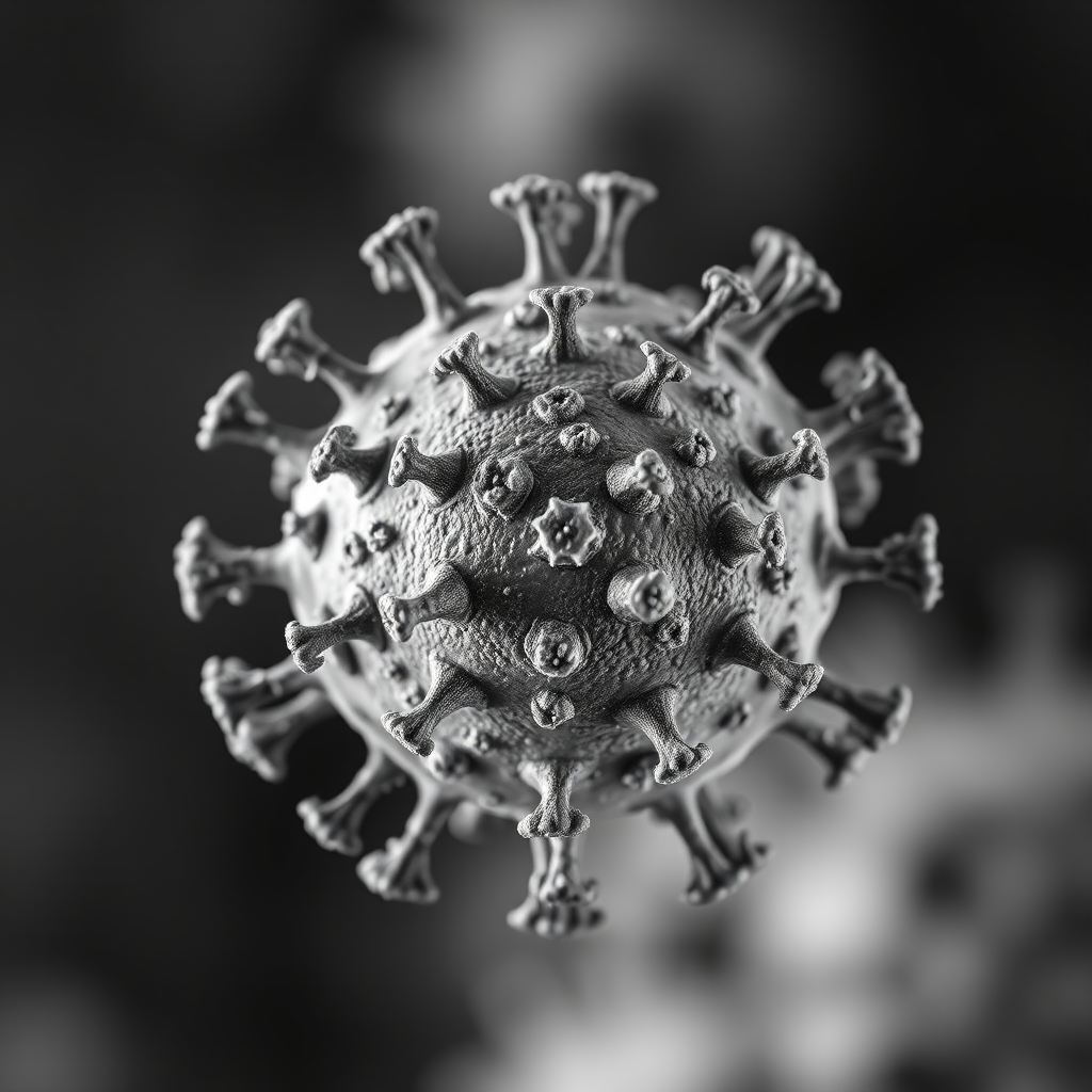 macro shot of a virus structure with detailed spikes and surfaces, using a Canon EOS R5, 100mm macro lens, aperture f/2.8, ISO 100, shallow depth of field, soft focus background, monochrome style