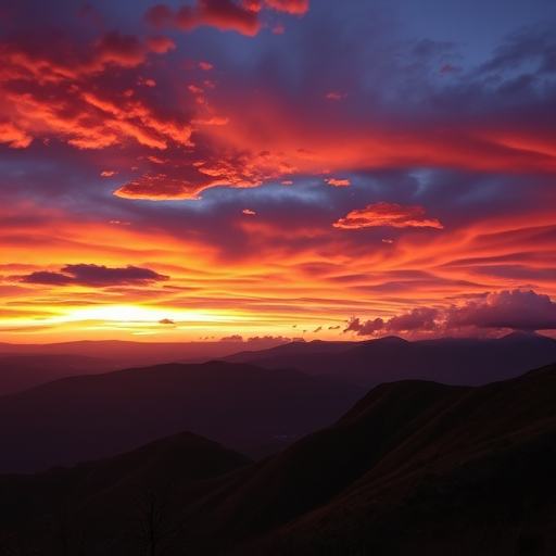 Capture a dramatic sunset over mountainous terrain with vibrant orange and purple clouds, using a DSLR camera, 18mm lens, aperture f/8 for depth of field, ISO 100, and a shutter speed of 1/125 seconds.