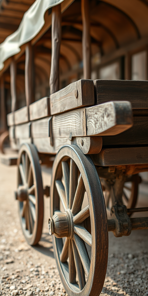 capture a rustic wooden cart with detailed craftsmanship and weathered texture, use a DSLR camera with a 50mm lens, aperture f/2.8 for shallow depth of field, ISO 100 for clarity, shot from a low angle to emphasize the cart's features, natural lighting to enhance wood grain details.