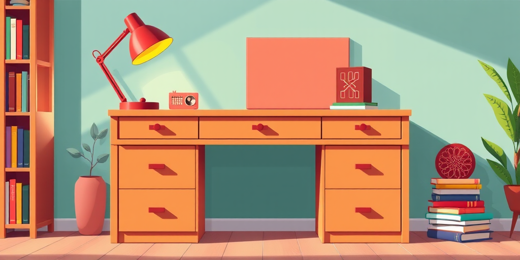 Create a vibrant vector illustration of a stylish desk with six drawers, a red lamp, a stack of colorful books, and a decorative item, using a close-up view, sharp focus, 24mm lens, f/2.8 aperture, and bright lighting to enhance image quality.
