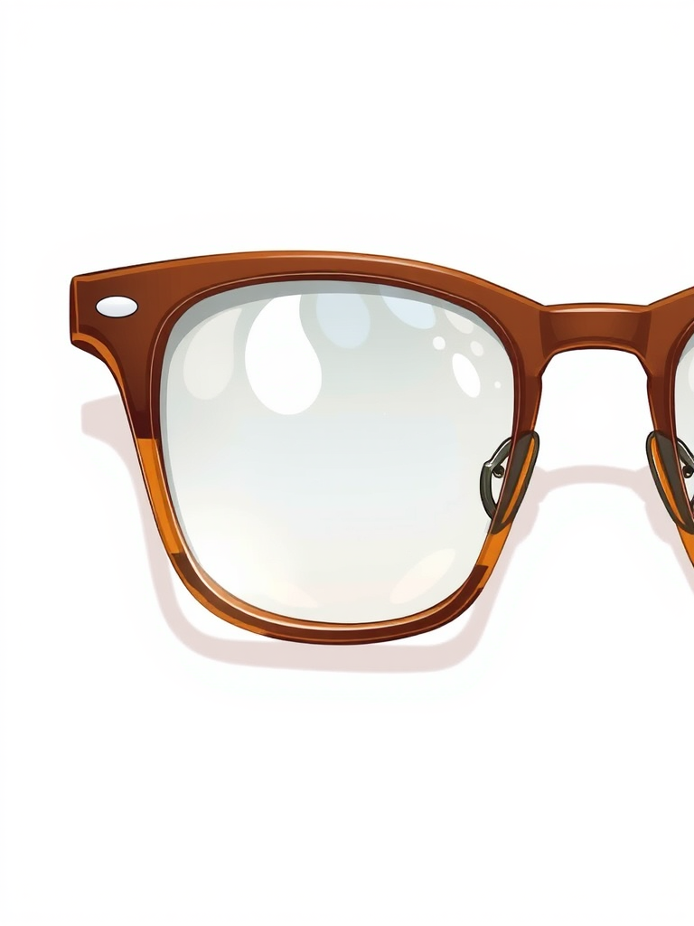 Create a detailed illustration of a pair of brown rectangular eyeglasses on a plain background, with a focus on realistic light reflections on the lenses, using a 50mm lens, f/2.8 aperture, ISO 100, medium shot, digital camera.
