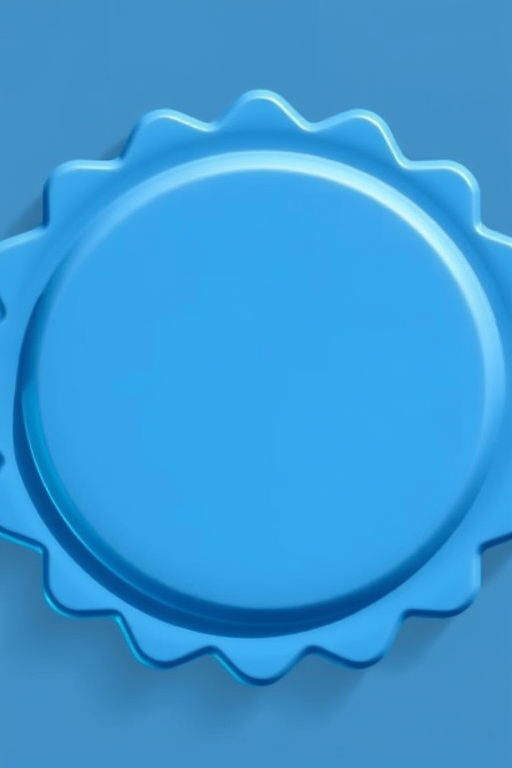 Create a high-resolution digital illustration of a blue badge with scalloped edges and a smooth surface, using a DSLR camera with a 50mm lens at f/2.8, ISO 100, in natural daylight to enhance colors and details.