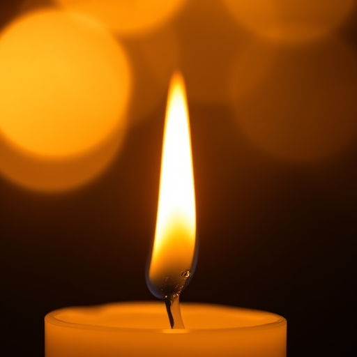 macro shot of a lit candle with a droplet of wax forming, soft bokeh background, f/2.8 aperture, ISO 200, 1/60 sec shutter speed, DSLR camera with 50mm lens, warm ambient lighting