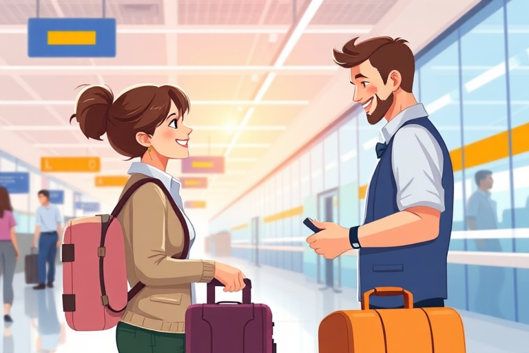 Create an illustration of a travel check-in scene at an airport with a friendly interaction between a traveler and an airline staff member, using a wide-angle lens, f/8 aperture, 1/125s shutter speed, and 24mm focal length to enhance depth and clarity, in bright and welcoming colors.
