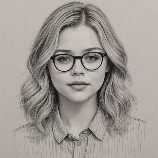 Radiant Chlo' Grace Moretz, pencil sketch, portrait of Splendid woman 1975s in glasses, hair style beatnik, outline, clear lines, fine lines, 8k