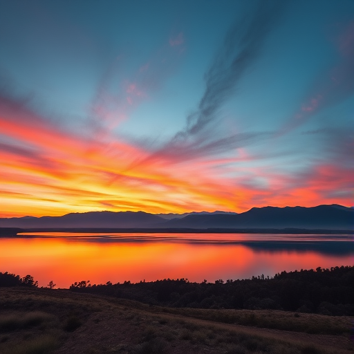 Create a high-resolution image of a serene landscape with mountains in the background, a vibrant sunset sky, and a calm lake reflecting the scene, using a DSLR camera at 24mm focal length, aperture f/8, ISO 200, and a HDR technique for enhanced detail and color saturation.