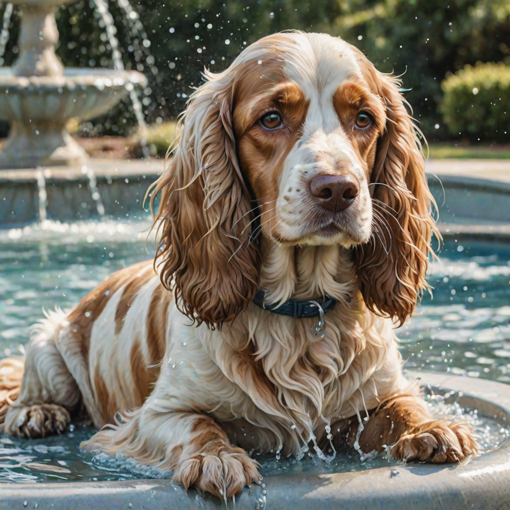 Watercolor ink illustration, A digitally created artwork of a Cocker Spaniel dog leaning on a water fountain, eyes closed, tongue out as if lapping water. The white dog has brown and cream patches, especially on its ears and face. Water splashes around it with detailed droplets. The background features a soft blue-green gradient, suggesting a sunny day. The style is realistic, focusing on the texture of fur and water for a lifelike, vibrant feel.