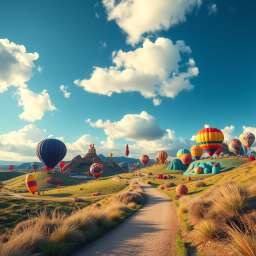 A vibrant landscape featuring a winding path through a colorful valley filled with whimsical balloon shapes and fantastical structures under a bright blue sky with fluffy clouds, shot with a Canon EOS R5 at f/8, ISO 100, 24mm lens, wide angle view, high saturation and contrast for enhanced colors and details.