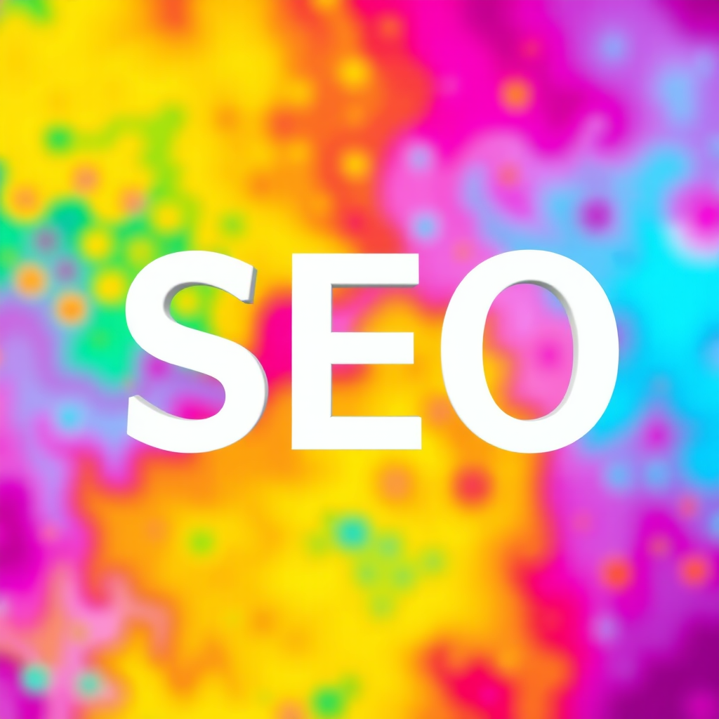 Create a vibrant graphic showcasing the letters "SEO" in bold white font against a background of bright cyan, yellow, and magenta colors, shot with a DSLR camera at f/2.8 aperture, 50mm lens, ISO 100, with a shallow depth of field to enhance color contrast and clarity.