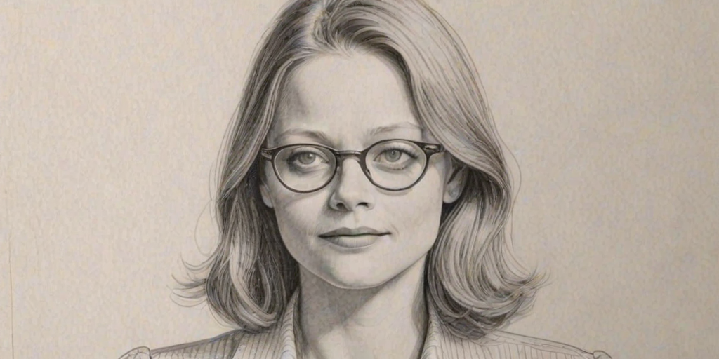 Lovely Jodie Foster, pencil sketch, portrait of Fetching woman 1939s in glasses, hair style beatnik, outline, clear lines, fine lines, 8k