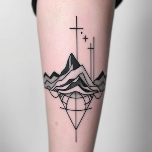 Minimalist blackwork tattoo called "Shadows and Lines" showcasing intricate linework and negative space, creating a striking contrast against the skin with bold black ink and precise geometric patterns, inspired by architectural blueprints and topographical maps