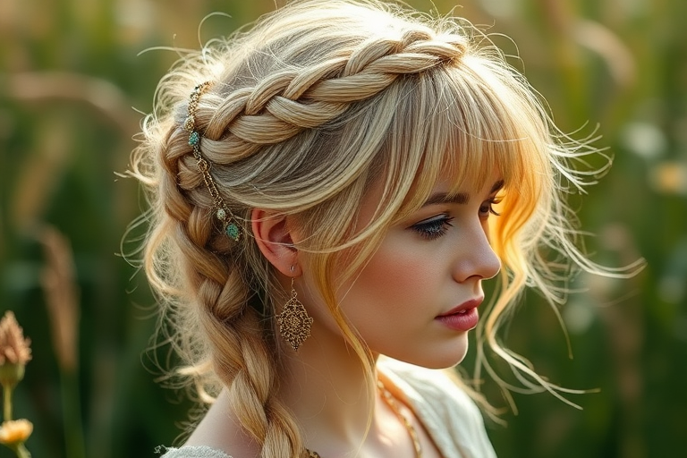 Honey blonde crown braid with wispy bangs and bohemian accessories, named "Sun-Kissed Meadow," boasting a ethereal, nature-inspired look with floral accents