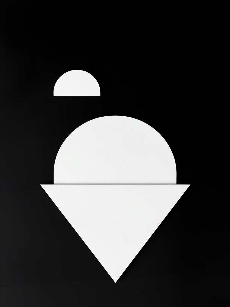 Create a high-contrast minimalist abstract design featuring a large white triangle at the bottom and a semicircular shape above, centered against a black background, shot with a DSLR camera at f/8, ISO 100, 1/125s, using a 50mm lens and a top-down view for enhanced clarity and sharpness.