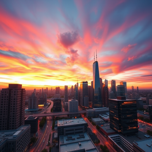 Create an image of a modern city skyline at sunset with vibrant colors, using a DSLR camera with a 50mm lens, aperture set to f/8, ISO 100, shutter speed 1/200s, captured from a high vantage point for a panoramic view.