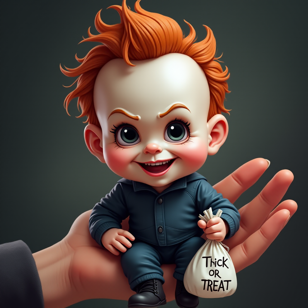 A whimsical caricature of a child version of Michael Myers, grinning mischievously. He is held by the hand of an unrecognizable person (only their hand visible), while holding a bag labeled 'Trick or Treat.' His facial expression is playful yet slightly menacing, reflecting his iconic figure. The scene is in portrait format with a Halloween theme, featuring exaggerated cartoon details like big eyes, a small body, and a creepy yet light-hearted tone.