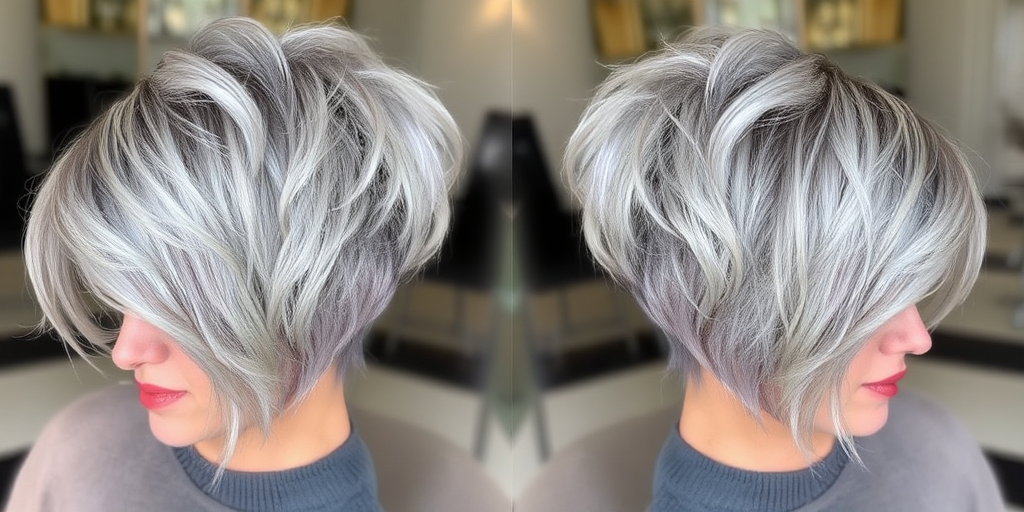 Chic silver-gray pixie with textured layers, styled in a tousled manner to create movement and dimension, exuding confidence and sophistication