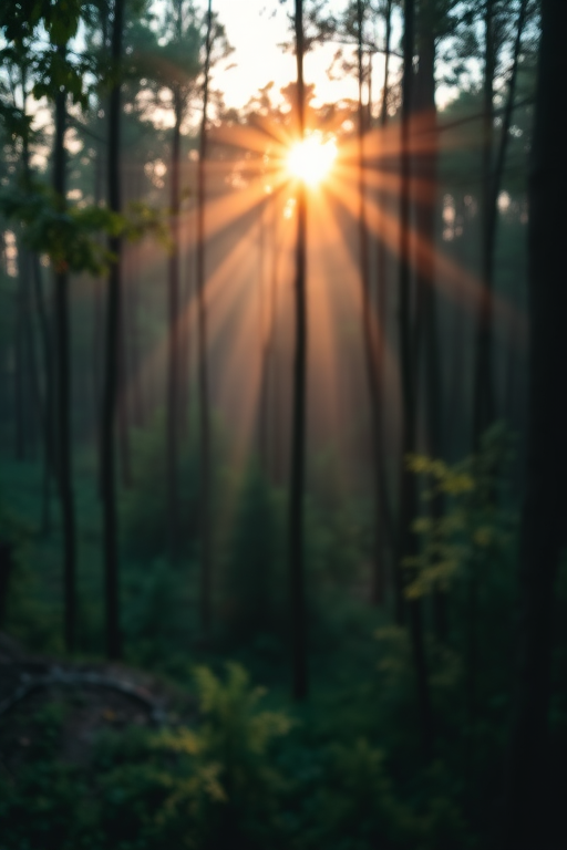 high-resolution image of a tranquil forest scene during sunrise with soft rays of light filtering through the trees, shallow depth of field, f/2.8 aperture, ISO 100, 50mm lens, taken with a DSLR camera, overhead view, vibrant colors and rich details