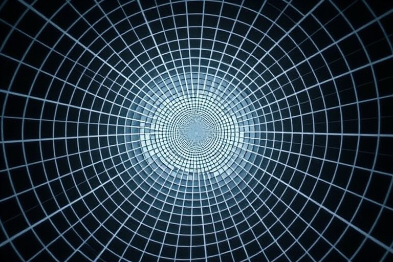 Generate a clean, high-resolution image of a grid pattern spiraling into a central point with clear, sharp lines and high contrast, taken with a DSLR camera at f/8 aperture, 1/125 shutter speed, ISO 100, using a wide-angle lens from a top-down view for a dynamic perspective.