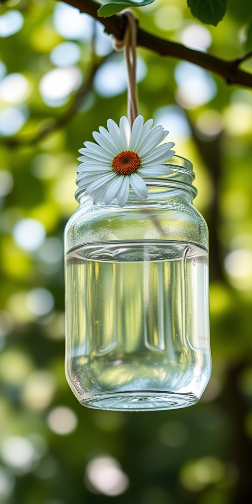 Capture a close-up of a clear glass jar filled with water, adorned with a daisy on top, hanging from a tree branch, with a soft-focus background of lush green foliage, natural lighting, DSLR camera, aperture f/2.8, shutter speed 1/250s, ISO 100, bokeh effect.
