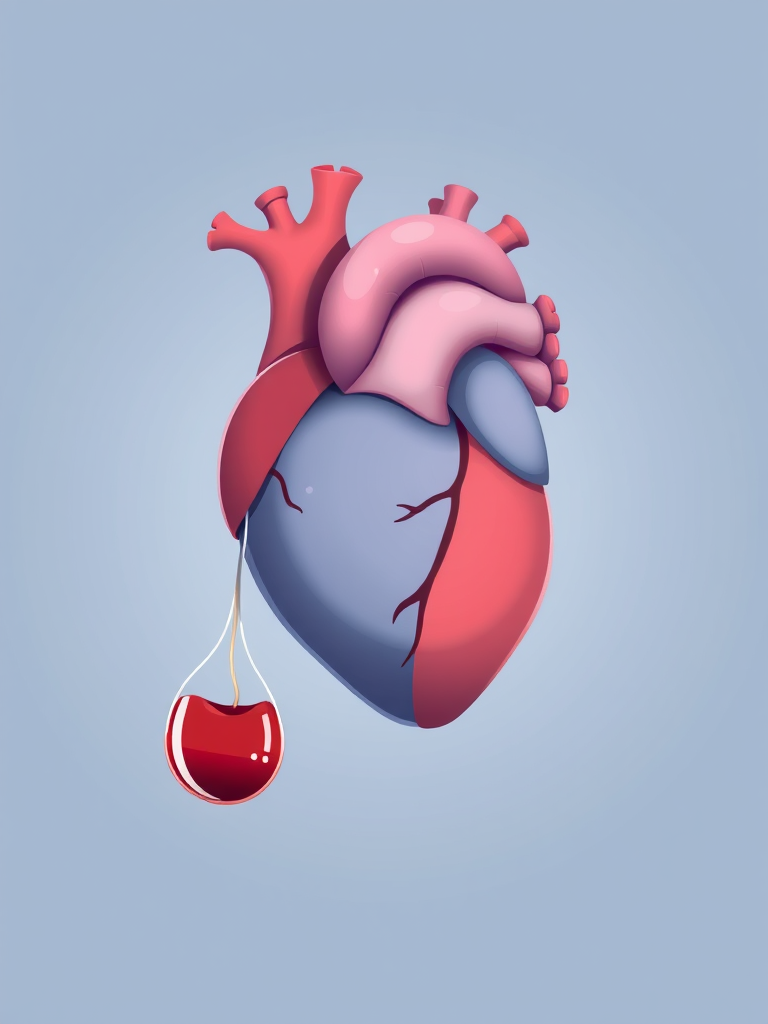 Create an illustration of a heart and a blood bag, using a soft color palette with shades of blue and red, focus on a minimalist style, shot from a frontal view, using a digital art medium at a resolution of 300 DPI for high detail, with smooth gradients and clean lines.