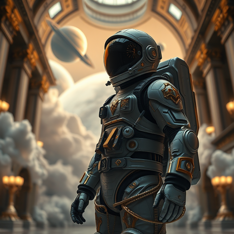 A futuristic astronaut in an ornate space suit with gold accents standing in a grand architectural setting surrounded by clouds and planets, shot with a Canon EOS R5, 50mm f/1.2 lens, aperture f/1.8, ISO 100, 1/200 sec, using soft lighting and a low-angle view for enhanced dramatic effect.