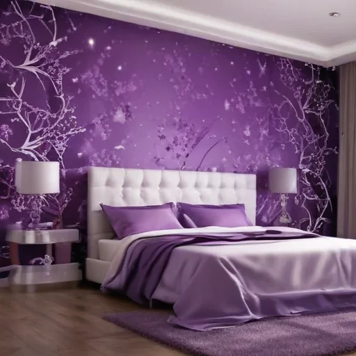 Elegant Purple-Themed Bedroom with Artistic Wall Design and Cozy Atmosphere
