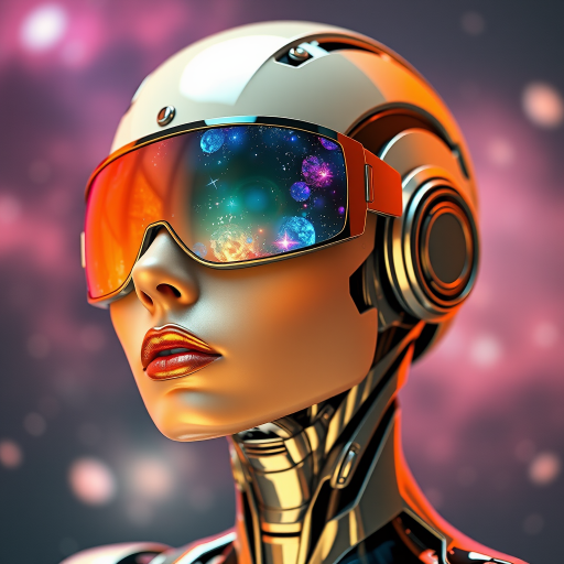 Regenerate a futuristic robot woman with reflective sunglasses showcasing galaxies, vibrant colors, and sleek metallic features, captured with a DSLR camera at f/1.8, ISO 100, 50mm lens, in soft-focus style against a cosmic background.