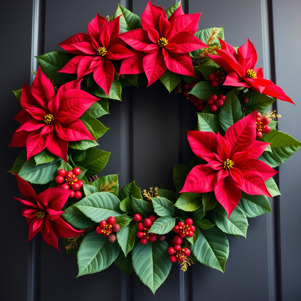 Create a festive wreath design featuring vibrant red poinsettias and green leaves with golden accents, shot from a slightly overhead angle using a DSLR camera at f/4.0, ISO 100, 1/100 sec shutter speed, natural lighting to enhance colors and details.