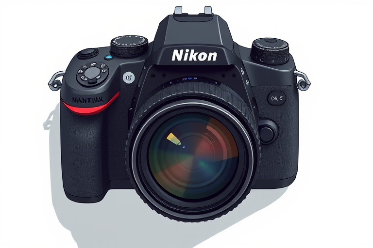 Create an illustration of a Nikon DX camera from a top-down view, emphasizing the lens and camera controls, using high-resolution settings with a 50mm lens at f/5.6, ISO 100, and a soft focus background to enhance clarity and detail.