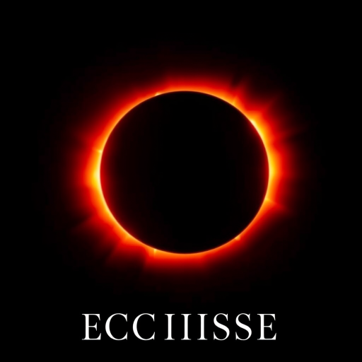 A total solar eclipse with a dark black background, glowing red corona, and the word "ECLIPSE" in elegant font below, captured with a DSLR camera, f/8 aperture, ISO 100, 1/200 sec shutter speed, portrait orientation.