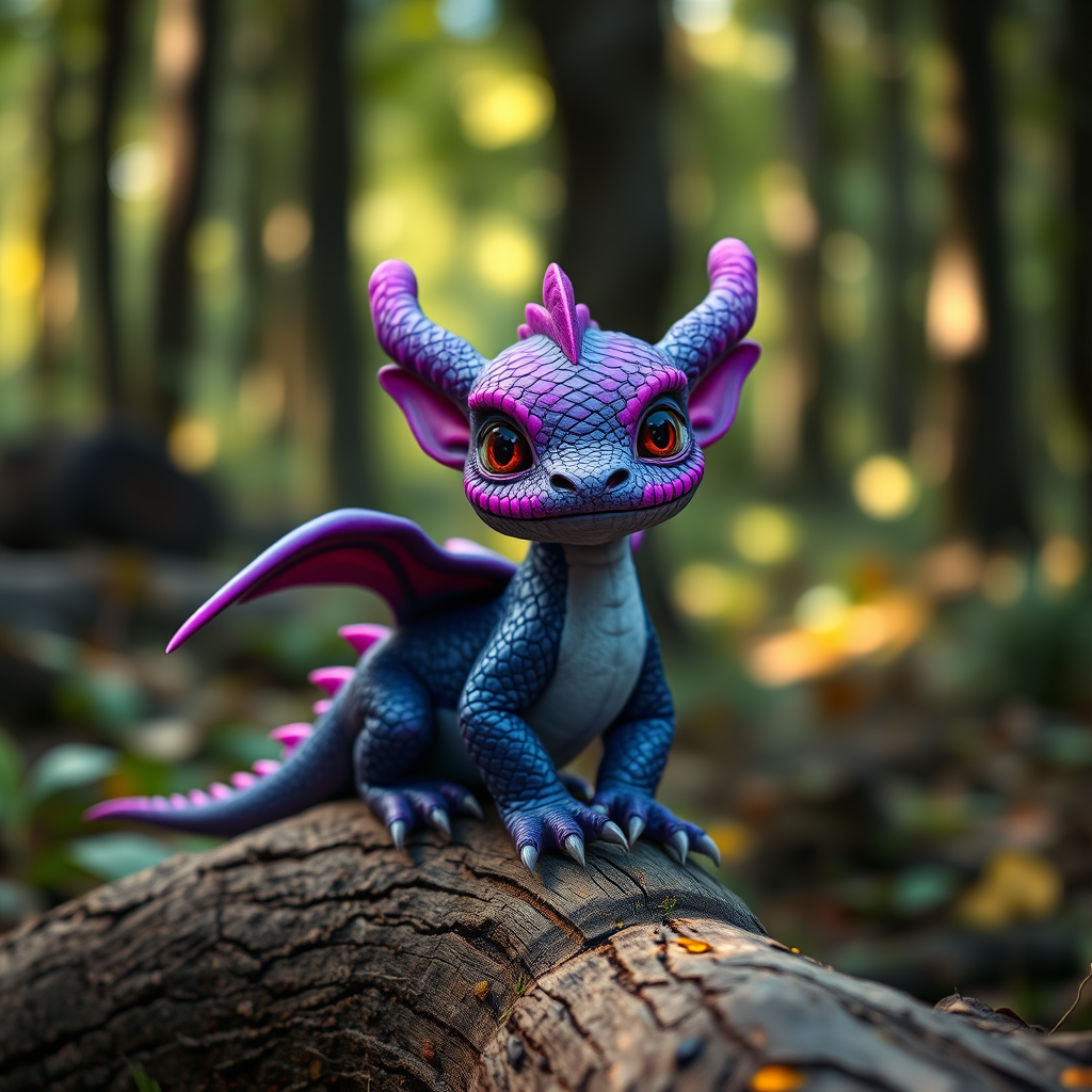 Create a highly detailed portrait of a cute dragon with vibrant purple scales sitting on a log in a fantastical forest, soft focus background, natural lighting, DSLR camera settings ISO 100, f/1.8, 50mm lens, shot at eye level to enhance depth and detail.