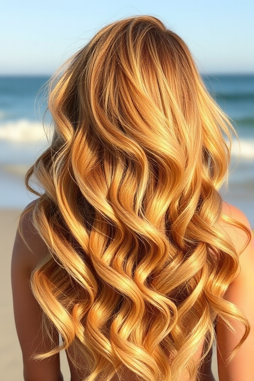 Sunlit Honey Harvest glows with golden blonde tresses interwoven with caramel and amber highlights, styled in voluminous beach waves that capture the essence of summer