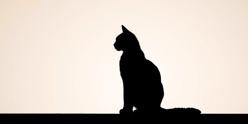 Generate a high-resolution image of a detailed silhouette of a cat sitting gracefully against a plain background, captured with a DSLR camera, 50mm lens at f/1.8, ISO 100, 1/200 sec shutter speed, center composition.