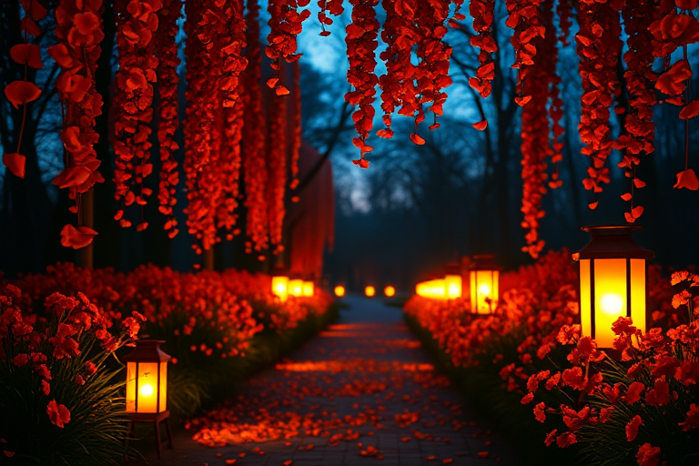 A serene pathway illuminated by glowing lanterns surrounded by vibrant orange flower petals cascading from above creating a magical and enchanting atmosphere during twilight.