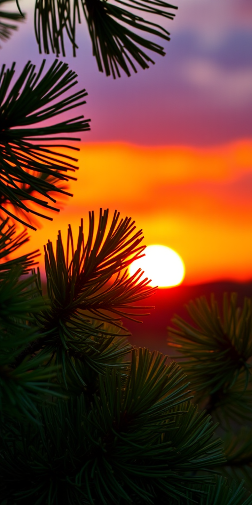 create a vibrant sunset background framed by lush green pine branches, f/8 aperture, ISO 100, 50mm lens, shot with a DSLR camera, natural light for enhanced clarity and color saturation