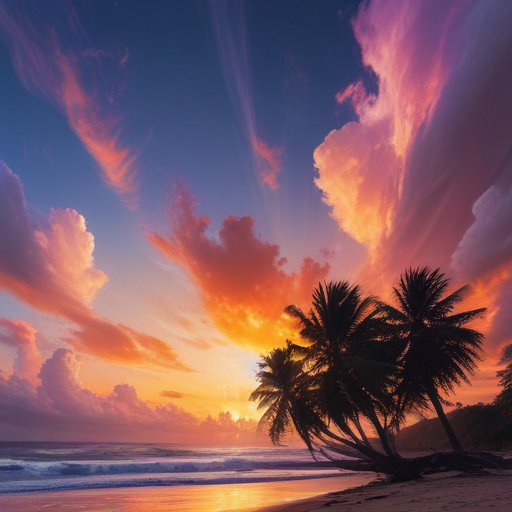 Serene Sunset Over Tranquil Beach with Silhouetted Palm Trees and ...