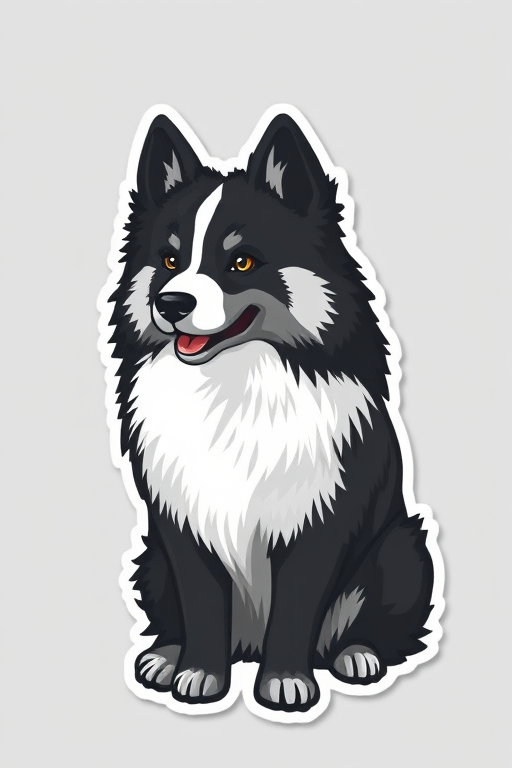 this image is sticker, 3D black and white finnish spitz dog breed, grey background
