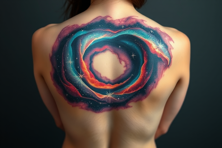 Ethereal body tattoo showcasing a cosmic galaxy swirling across the shoulder blades, rendered in vivid nebula-inspired hues with sparkling white ink stars