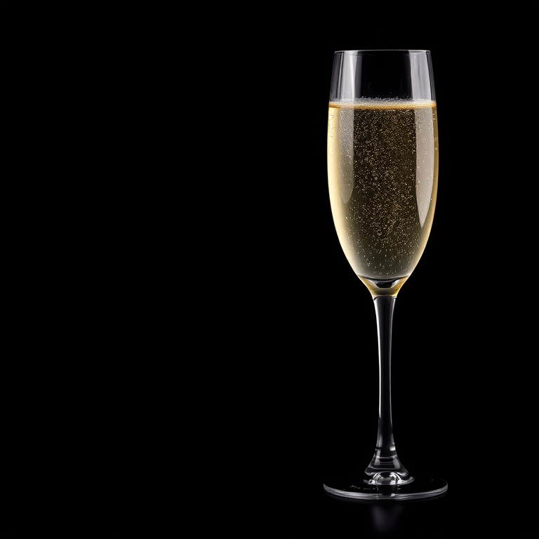 a crystal champagne glass on a black background, high contrast lighting, ISO 100, f/2.8, 1/125s, macro lens, side view, DSLR camera