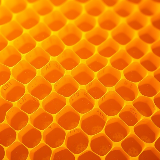 high-resolution close-up of a honeycomb pattern with vibrant golden yellow and orange hues, f/2.8 aperture, ISO 100, 50mm lens, soft natural lighting, macro photography