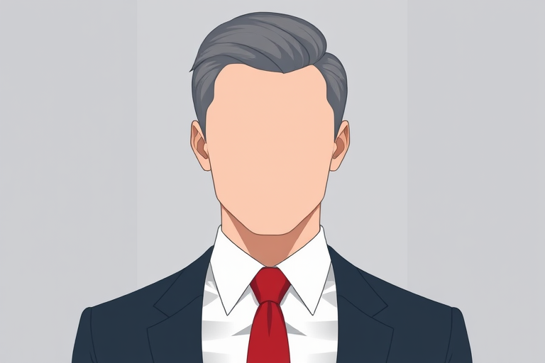 Create a high-resolution vector illustration of a faceless business professional in a suit and red tie, featuring a minimalist design with a gray hairstyle, captured in a digital art style using a 50mm lens setting, balanced aperture of f/8, and vibrant color palette for enhanced clarity and depth.