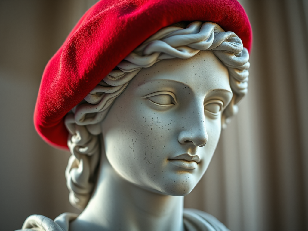 Create a realistic portrait of a classical statue wearing a red beret, focus on intricate facial details, soft lighting, Canon EOS R5, 85mm f/1.2 lens, ISO 100, f/2.8, natural light, shallow depth of field.